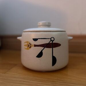 Lidded White Ceramic Pot with Kitchen Tool Design